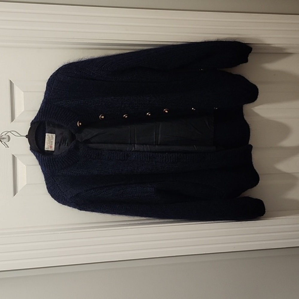 Womens Mohair Blend Vtg Sweater Cardigan lined pockets soft navy blue Large / XL